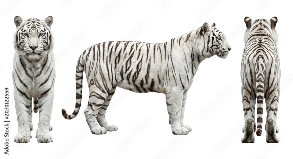 Obraz premium Three views of a white tiger standing isolated on transparent background.