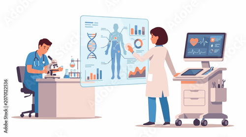 Two medical professionals analyze data on a large screen in a laboratory setting