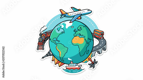 A cartoon globe surrounded by various modes of transportation