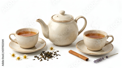 Create a premium ultra-photorealistic studio-quality still life image featuring an elegant vintage ceramic tea set isolated on a seamless pure white background