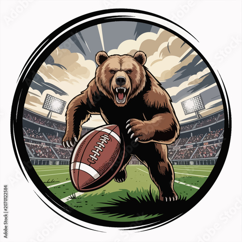 Bear holding football in a stadium scene.