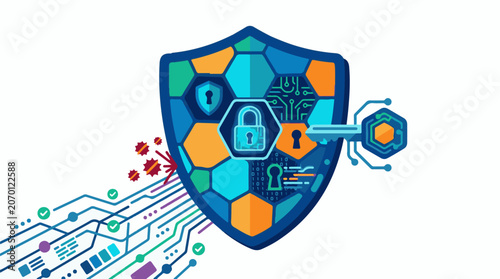 A blue shield with orange and teal hexagons and a key