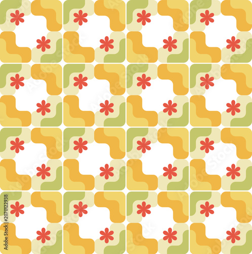 Square geometric green and yellow decoration pattern with flower for background
