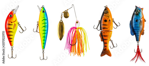 Row of five different artificial fishing lures isolated on transparent background.