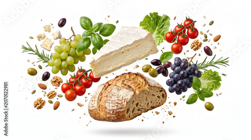 Floating Gourmet Ingredients with Artisan Bread and Cheese Isolated on White Background