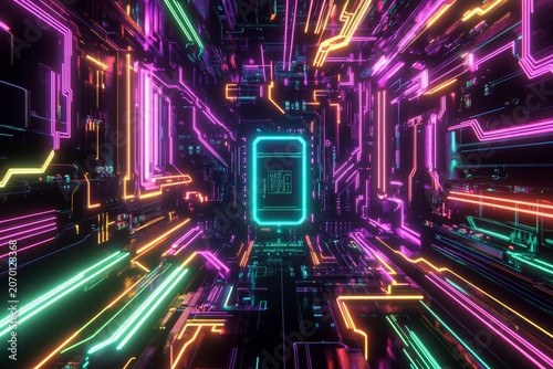 A high-tech, futuristic background featuring an intricate circuit board with glowing neon lines and vibrant colors