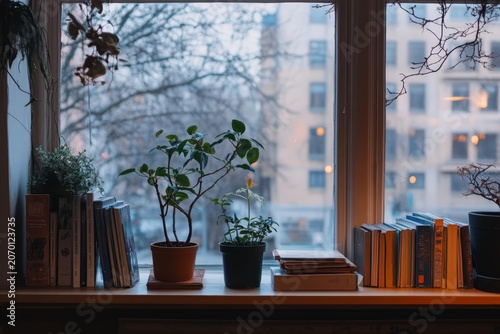 A photograph of a window sill with plants and books, in a dimly lit room, with the city visible outside