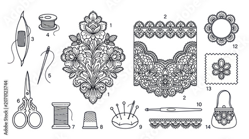 Quadro su tela Lace making and sewing tools set with floral embroidery motifs