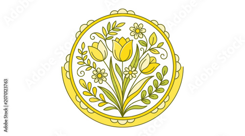 Photos Yellow tulips and daisies in a circular floral badge emblem