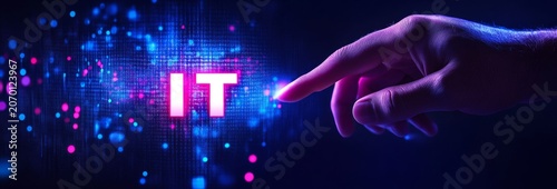 Businessman touching a digital hologram icon of IT technology with the word 