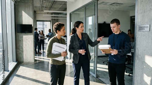 Coworkers coordinate response to communications outage in office corridor