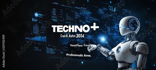 Photo of an AI robot pointing at graphs and charts on a digital screen with the text 