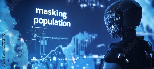 Photo of an AI robot presenting data and graphs on a digital screen with text 