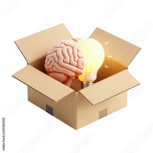 Brain and glowing lightbulb in box isolated on transparent background