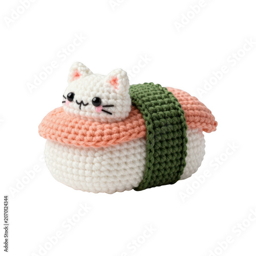 Cute crochet cat sushi amigurumi toy isolated on transparent background