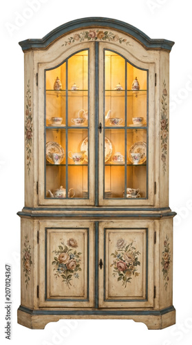 Two tier vintage cream painted showcase cabinet with blue trim and glass doors isolated on transparent background.