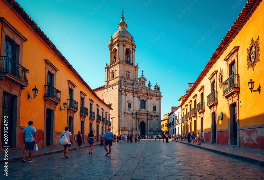 Obraz premium Spanish Colonial Church Bell Tower Courtyard Vibrant Atmosphere Historic Structure Cultural Essence