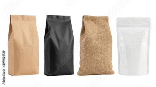 Four diverse coffee packaging styles including paper plastic and a burlap sack isolated on transparent background.