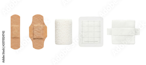 Set of medical supplies featuring different bandage types and gauze roll isolated on transparent background.