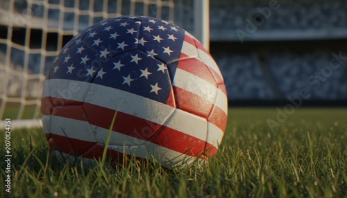 Bild auf Leinwand A close-up 3D render of a soccer ball featuring the United States flag design, resting on a grass field in front of a goal net
