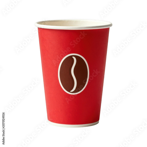 Red paper coffee cup with coffee bean logo, isolated on transparent background