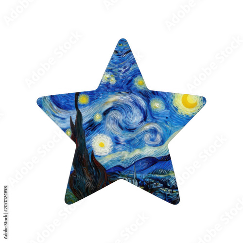 Starry night painting in a star shape isolated on transparent background
