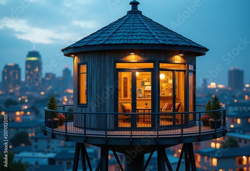 Transformative Water Tower Conversion into Unique Living Space with Inviting Outdoor Balcony