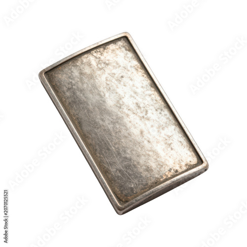 A weathered and scratched rectangular silver metal bar isolated on transparent background