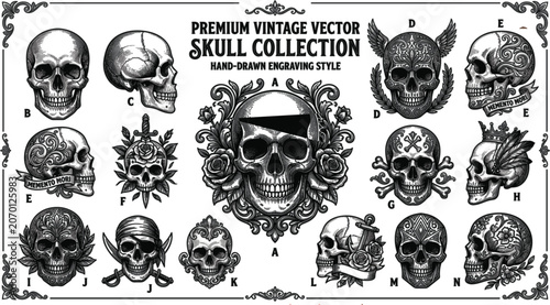 Konstfotografi Premium Vintage Skull Vector Collection Featuring Hand Drawn Engraving Style Day