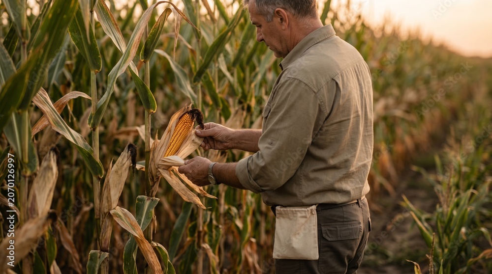 Naklejka premium Farm Consultant Inspecting Corn Ear Development Near Harvest Window