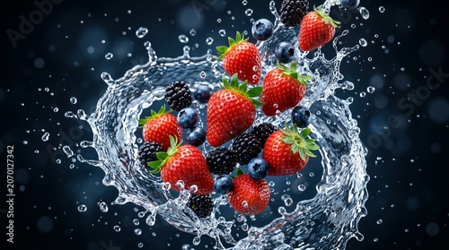 various fresh berries, including strawberries, blueberries, and blackberries, are dynamically swirling amidst a powerful splash of water.