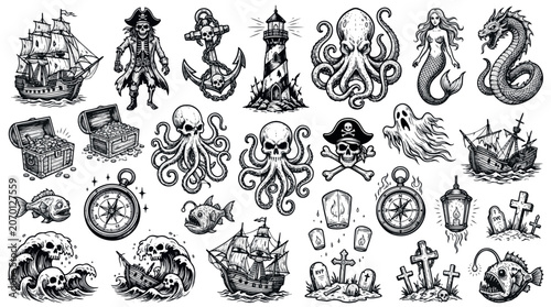 Haunted Ocean Halloween Silhouettes Sets Pack, Editable Vectors Strokes Illustrations. containing halloween, nautical, pirate, skull, skeleton, tattoo, anchor, light and mores Halloween silhouettes.