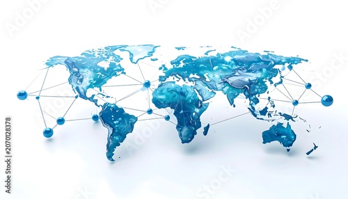 A stylized map of the world rendered in shades of blue with a network overlay of connecting spheres. It floats on white