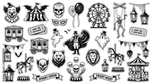 Nightmare Circus Halloween Silhouettes Sets Pack, Editable Vectors Strokes Illustrations. containing halloween, spooky, circus, carnival, sticker, vector, illustration and mores Halloween silhouettes.