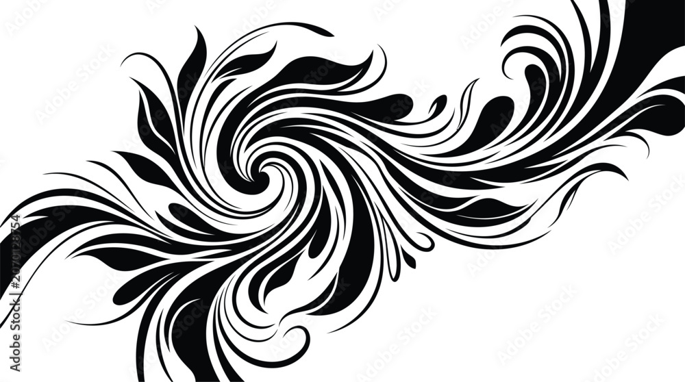 Fototapeta premium Abstract floral swirl pattern, decorative black ornament with flowing organic shapes
