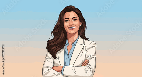 Smiling businesswoman in white blazer portrait.