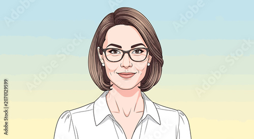 Smiling businesswoman with brown hair glasses.