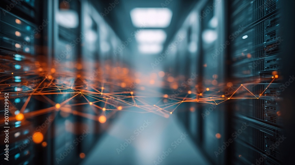 © Lee - Interconnected network of glowing orange nodes and lines in a futuristic digital data center environment © Lee - Interconnected network of glowing orange nodes and lines in a futuristic digital data center environment