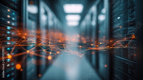 Interconnected network of glowing orange nodes and lines in a futuristic digital data center environment