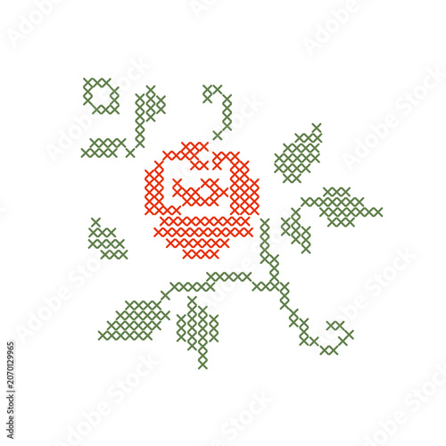 Photos Cross stitch embroidery rose flower with leaves isolated on white background