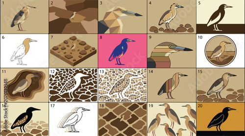 Cuadro en lienzo Minimalist bird icon set, 20 heron and egret vector illustrations, modern geomet