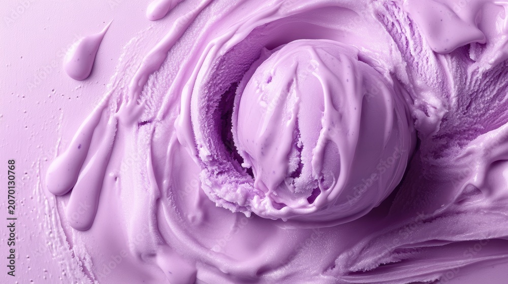 Obraz premium Ube Ice cream texture background,Popular Trendy sweet potato,superfood,tasty soft serve cones,plant based recipes,menu and banner,Healthy and wellness concept.