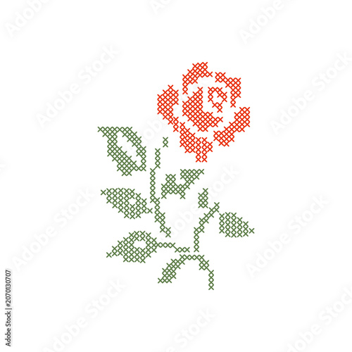 Canvastavla Cross stitch embroidery rose flower on a stem isolated on white background