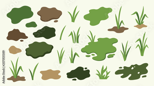 Bild auf Leinwand Flat vector mud puddles and grass tufts set, organic swamp water splashes and di