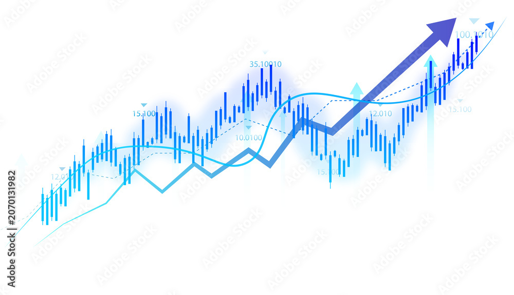 Obraz premium Financial stock trading market growth graph on transparent PNG background with candlestick bars, bullish arrows, and business concept indicators. 