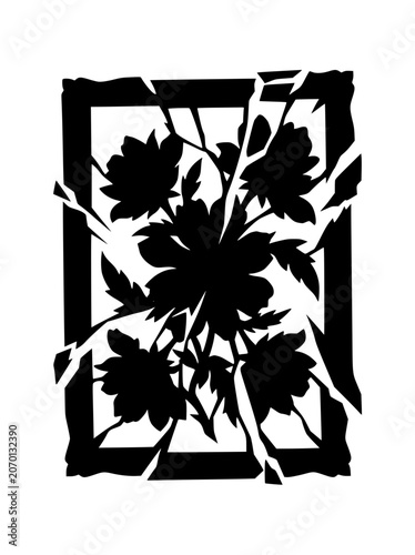 Shattered Frame with Floral Silhouette Black and White Illustration