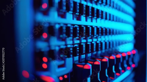 Server rack operating in a data center, with blue and red lights blinking, symbolizing network activity, cyber security, and cloud computing infrastructure