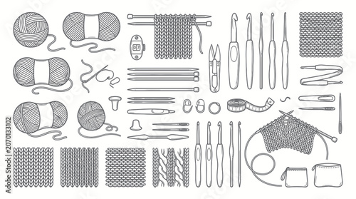 Tableau sur toile Knitting and crochet tools set with yarn skeins and needles