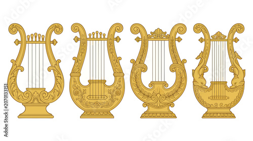 Photos Set of ornate golden lyres with classical decorative patterns