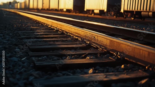 Warm golden sunlight illuminates steel railway tracks and wooden sleepers at sunset, capturing the beauty of industrial transportation and evening travel atmosphere in stunning detail